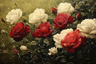 雨中盛放的红白玫瑰花