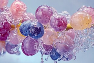 多彩葡萄浸于晶莹水花中