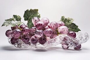 晶莹紫葡萄配绿叶于玻璃盘