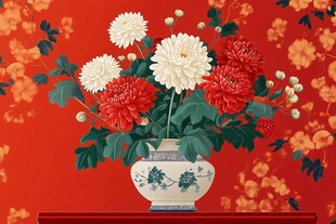 中式花瓶中的艳丽菊花