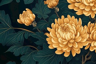 金色菊花与绿叶插画