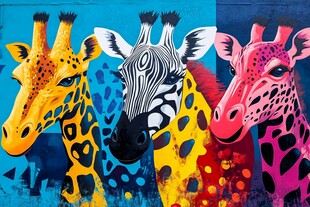多彩长颈鹿与斑马艺术画作