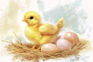 小鸡立巢边 身旁卧鸡蛋