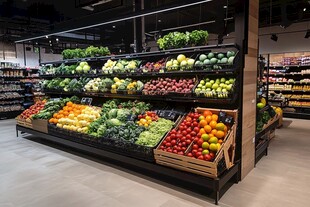 超市内琳琅满目的果蔬货架