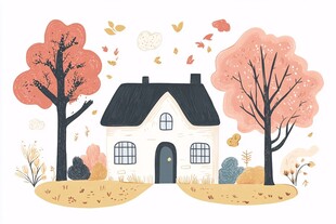 秋日小屋旁的诗意景致