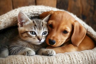 猫狗依偎的温馨瞬间