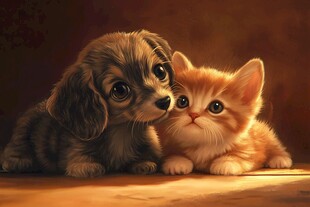 小狗小猫依偎的温馨瞬间