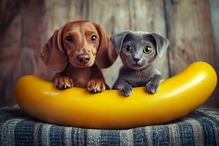 猫狗同框共倚大香肠