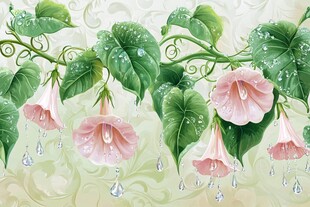 雨中粉花绿叶藤蔓图