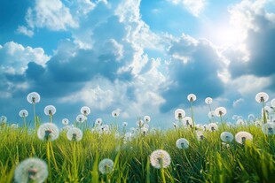 阳光下的蒲公英草地美景