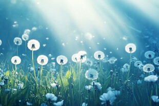 梦幻蒲公英草地晨光景象