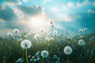 阳光下的蒲公英花海