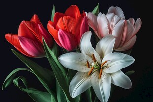 多彩郁金香与白色百合花