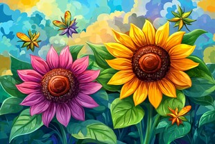 多彩向日葵与飞舞蝴蝶