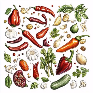 多彩蔬菜香料手绘插画