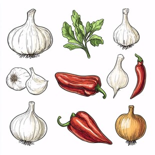 手绘大蒜辣椒洋葱蔬菜组图