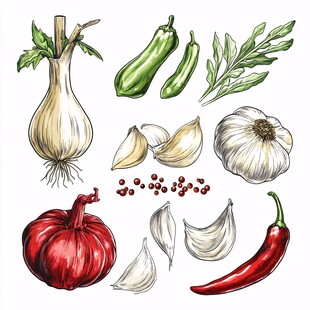 手绘多样蔬菜香料组合图
