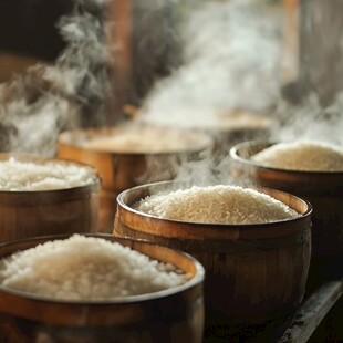 木桶蒸饭 热气腾腾的美味