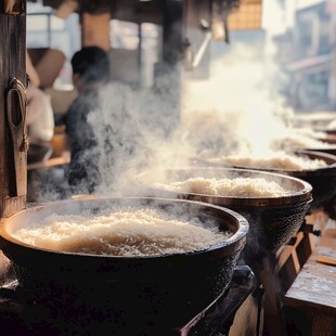 热气腾腾的传统蒸饭场景