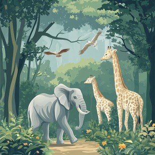 森林中的大象与长颈鹿