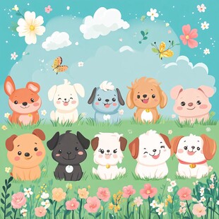 萌犬齐聚花丛欢乐时光