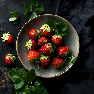 碗中鲜草莓 绿叶相伴