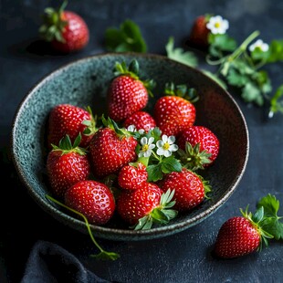 碗中鲜草莓与小花点缀