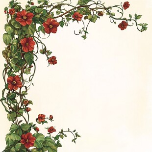 红色花卉藤蔓边框装饰图