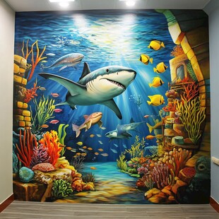 海底世界鲨鱼壁画奇幻景
