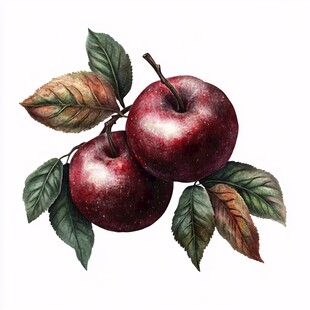深红苹果配绿叶水彩画