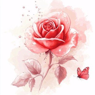 水彩绘红玫瑰与蝴蝶