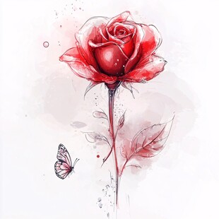 水彩绘红玫瑰与蝶