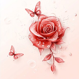 娇艳玫瑰伴蝶与晶莹水珠