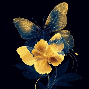 梦幻蓝黄蝴蝶与花朵插画