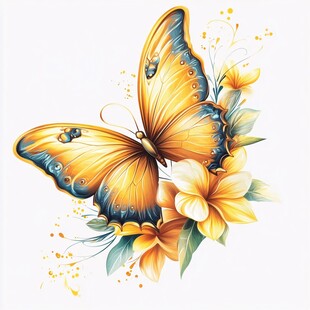 黄蝶伴花唯美插画图案