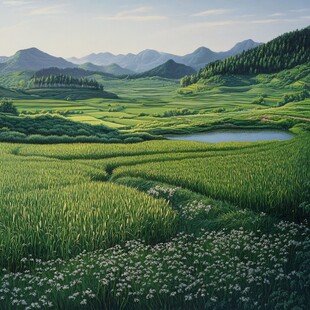 田园绿野间的宁静山水风光