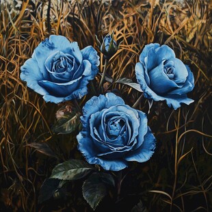 蓝玫瑰绽放于金黄草丛中