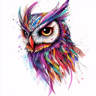 多彩梦幻猫头鹰水彩艺术画