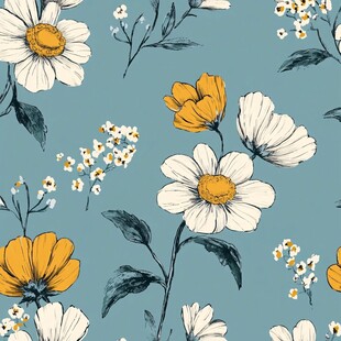 清新蓝底雏菊花卉图案