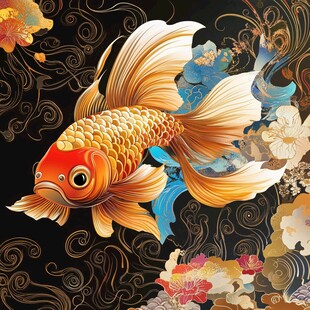 金鲤游弋于繁花云纹间