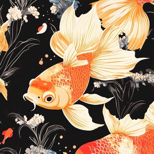 水墨风金鱼花卉图案设计