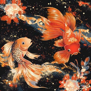 双金鱼戏花水墨风图案
