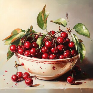 碗中鲜樱桃 绿叶相伴