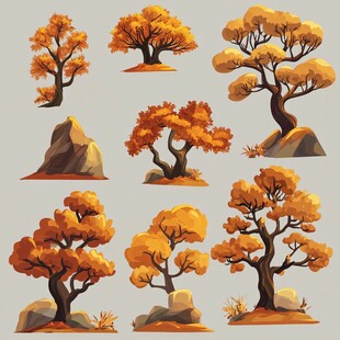秋季树木岩石插画集合