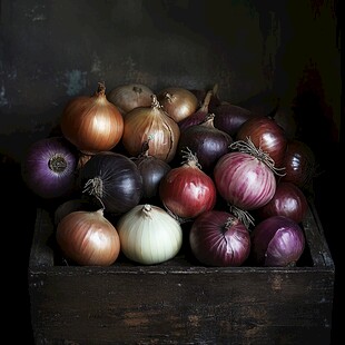 木箱中多彩洋葱堆