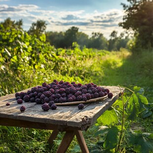 田园木桌上的饱满桑葚