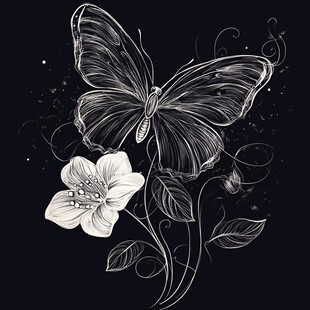 黑白蝴蝶与花的优雅插画