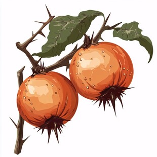 枝头双柿带露插画图