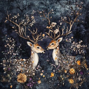 双鹿共栖繁花森林间