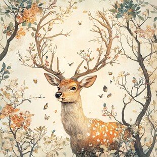 森林中的梦幻小鹿与繁花